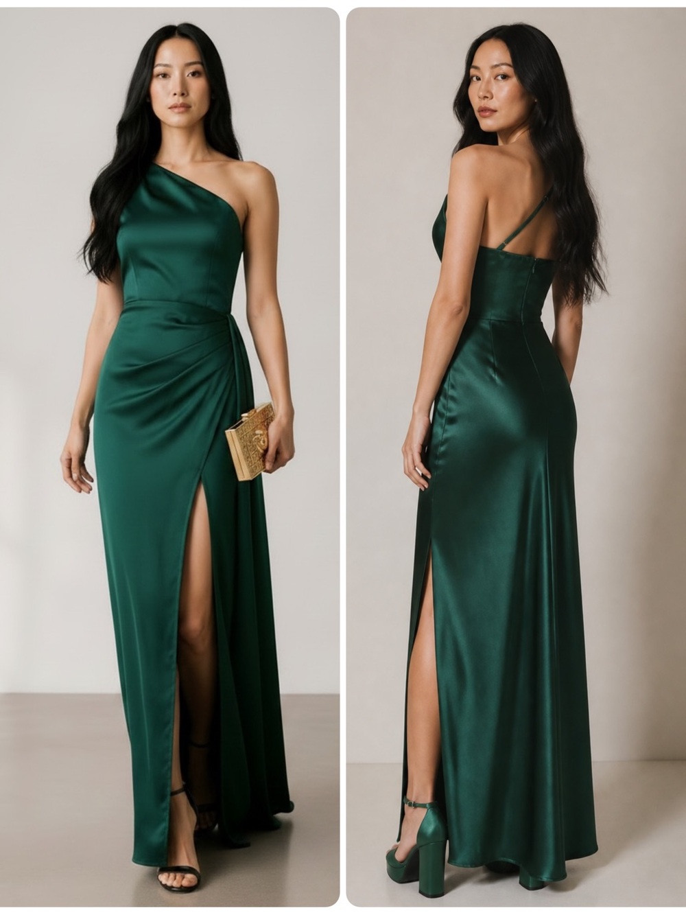Lulu's Signature Elegance One-Shoulder Emerald Green Draped Satin Maxi Dress NWT